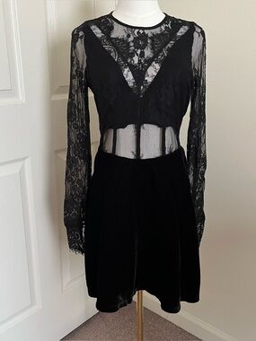 Free People Sheer Black Lace Velvet Mini Dress Womens Size XS Witchy Whimsigoth